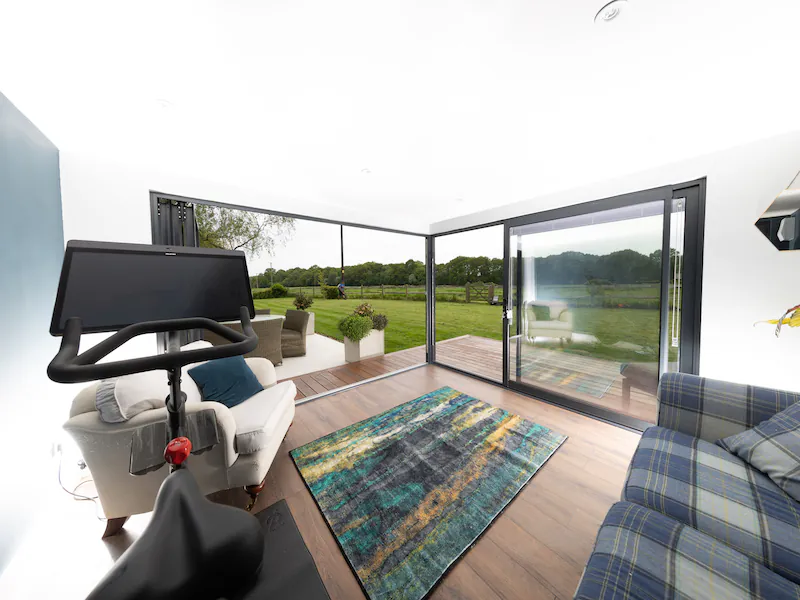 Finished garden room interior with corner doors